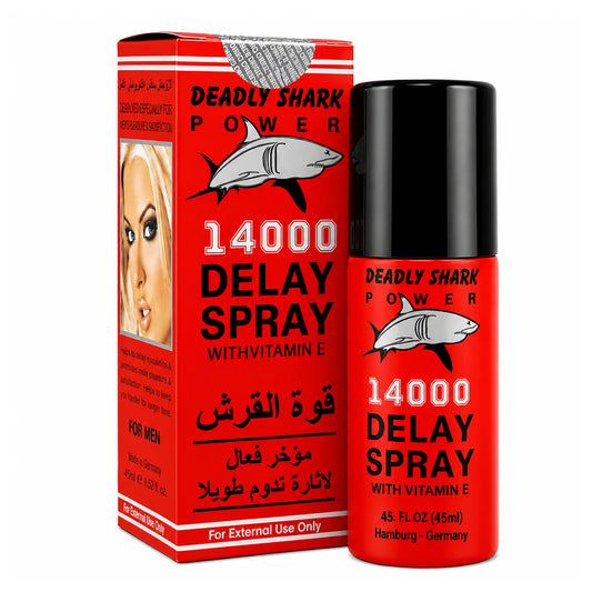 Deadly Shark Power 14000 Delay Spray 45ml for men. Red bottle with black cap and silver shark logo beside red box with security seal.