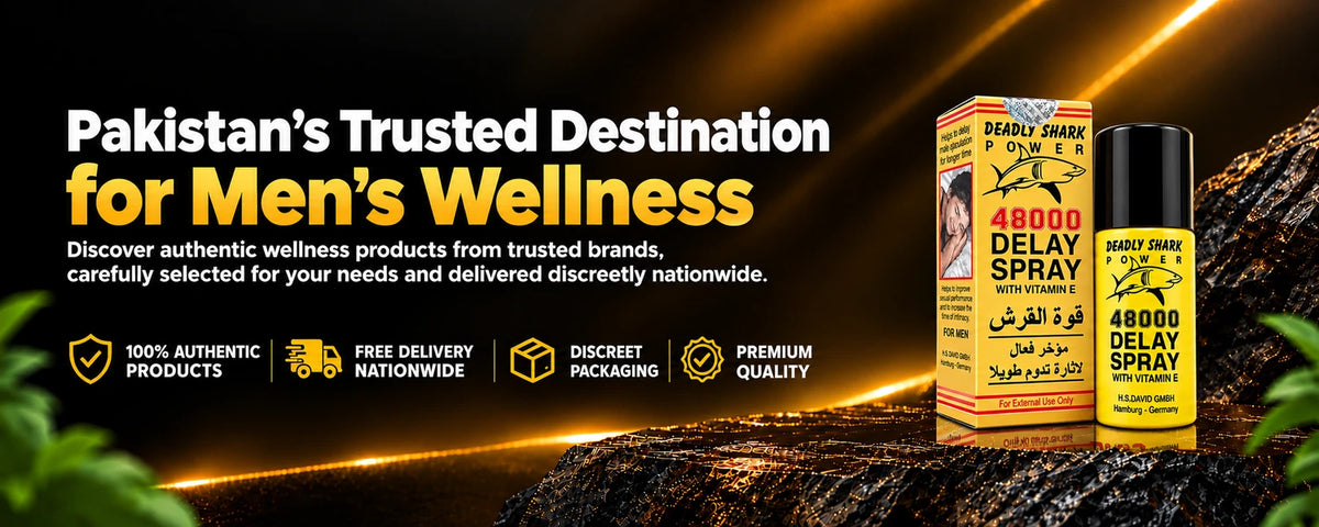 Deadly shark Power Delay Spray featured on the Eros Wellness Store homepage banner for men's wellness products in Pakistan (eroswellness.store)