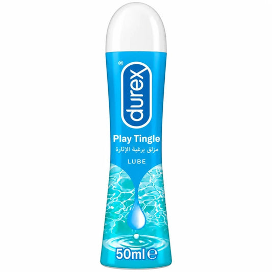 Durex Play Tingle Lube (50ml) water based lubricant. Blue bottle with white cap, sourced directly from Durex.