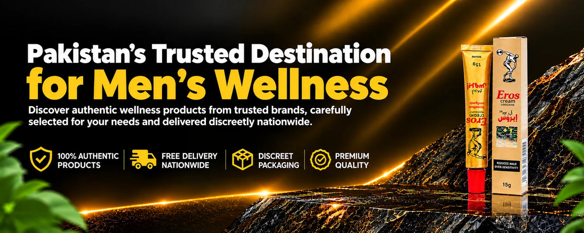 Eros Delay Cream featured on the Eros Wellness Store homepage banner for men's wellness products in Pakistan (eroswellness.store)