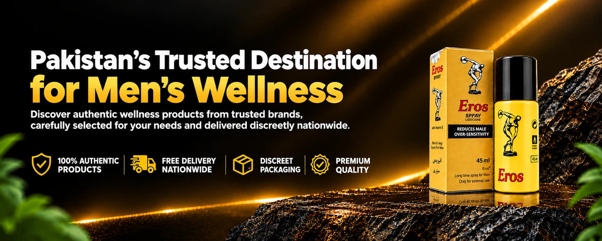 Eros Delay Spray featured on the Eros Wellness Store homepage banner for men's wellness products in Pakistan (eroswellness.store)