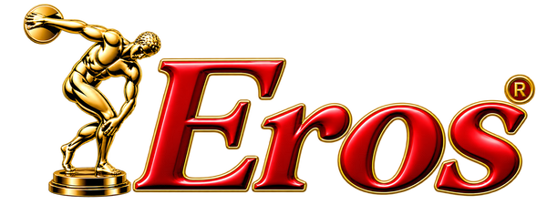 The logo for Eros, featuring a gold muscular male athlete statue holding a discus on the left, next to the word 'Eros' in large 3D red letters with gold outlines on a black background.