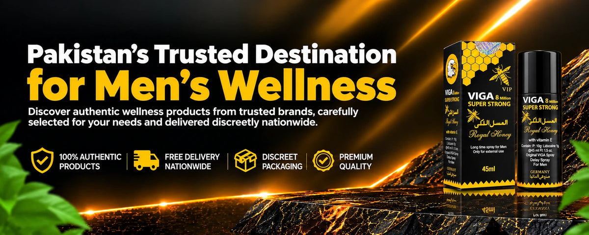 Viga 8 Million Super Strong Delay Spray (Royal Honey) featured on the Eros Wellness Store homepage banner for men's wellness products in Pakistan (eroswellness.store) 