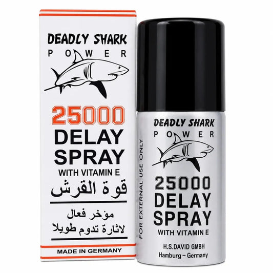 Deadly Shark Power 25000 delay spray 45ml with vitamin E, silver bottle beside white box with shark.