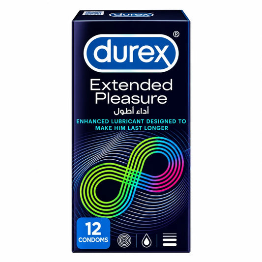 Durex Extended Pleasure condoms 12 pack, dark blue box with colourful infinity design.