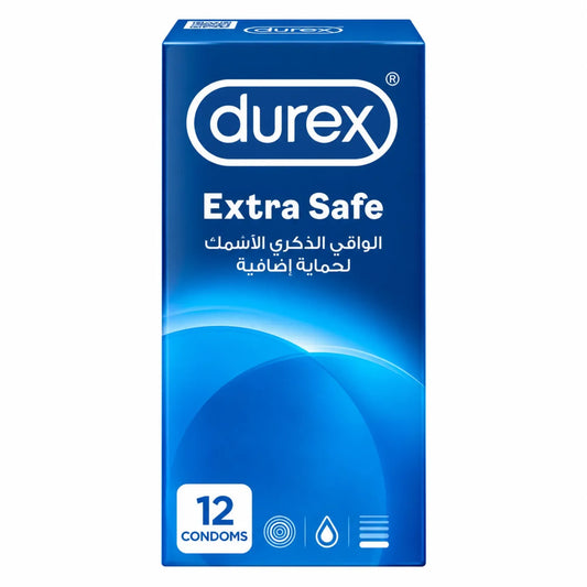 Durex Extra Safe condoms 12 pack, blue box with English and Arabic text.
