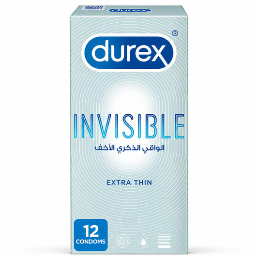 Durex Invisible Extra Thin condoms 12 pack, light blue box with English and Arabic text.