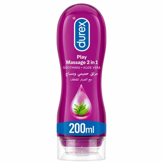 Durex Play Massage 2 in 1 aloe vera gel 200ml, purple bottle with aloe leaf droplet.