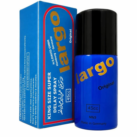 Largo Original delay spray 45ml for men, blue bottle with gold lettering beside blue box.
