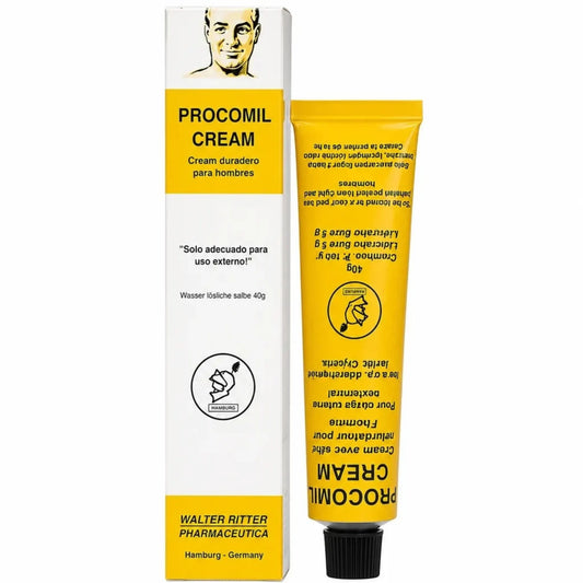 Procomil Delay Cream by Walter Ritter Germany, yellow tube with white and yellow box for men.