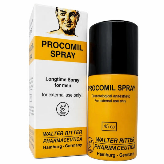 Procomil Delay Spray 45cc for men by Walter Ritter Germany, yellow and black bottle with white and yellow box.