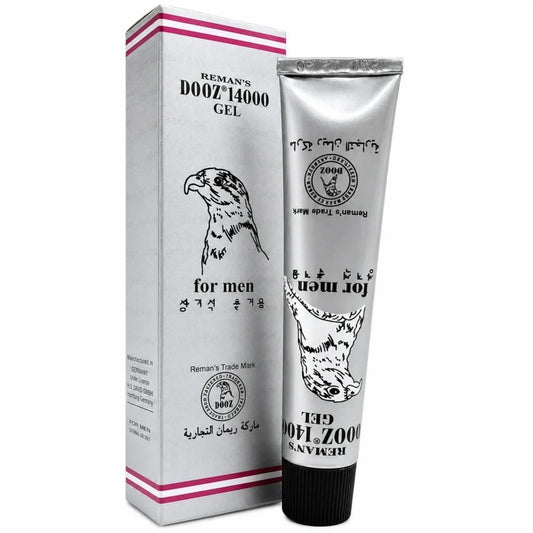 Reman's Dooz 14000 Gel 15g for men, silver tube with black cap beside silver box with falcon.