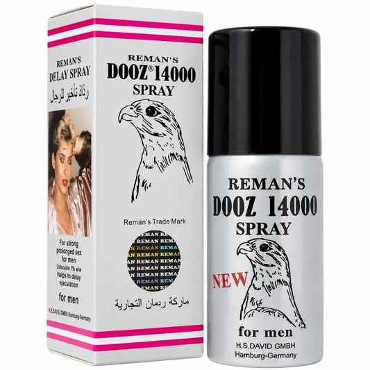 Reman's Dooz 14000 delay spray 45ml, silver bottle with black cap beside white box with falcon design