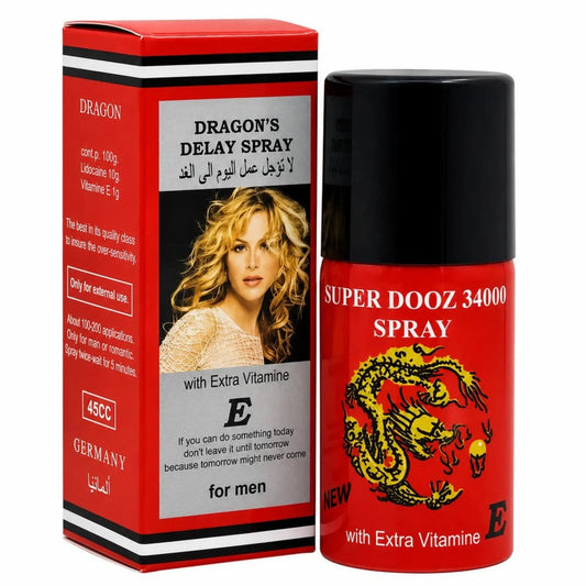 Super Dooz 34000 delay spray 45cc with vitamin E, red bottle with gold dragon beside red box.