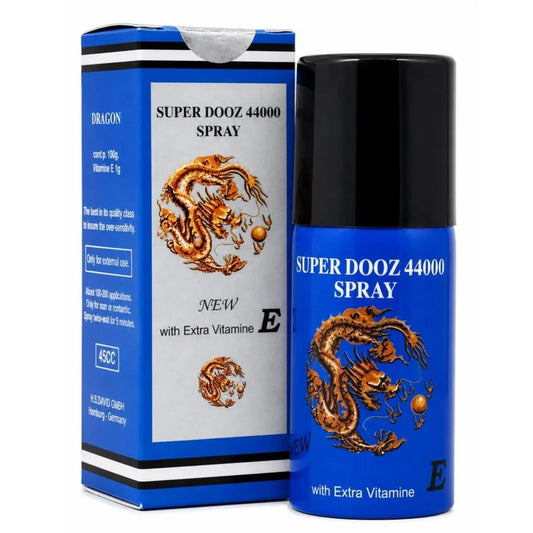 Super Dooz 44000 delay spray 45ml with vitamin E, blue bottle with copper dragon beside blue box.