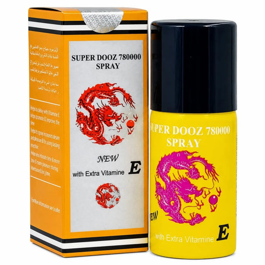 Super Dooz 780000 delay spray 45ml with vitamin E, yellow bottle with pink dragon beside orange box.