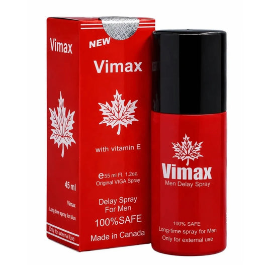 Vimax Men Delay Spray 45ml with vitamin E, red bottle and box with white maple leaf, made in Canada.